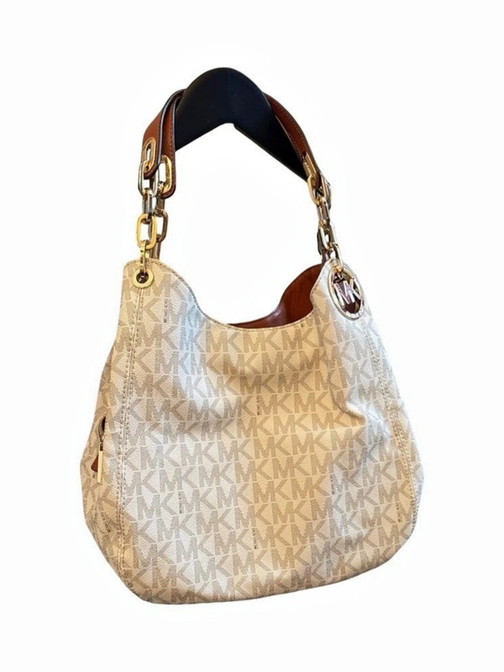 Michael Kors Fulton Large Vanilla Signature MK Hobo Shoulder Bag Gold Chain